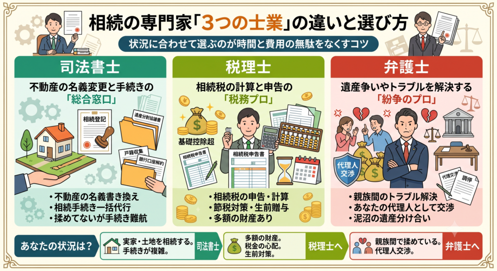 相続の専門家である司法書士・税理士・弁護士の役割と選び方の違いを比較した図解