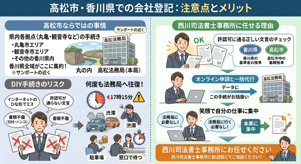 高松市・香川県での会社登記の注意点と専門家に依頼するメリットを示した図解