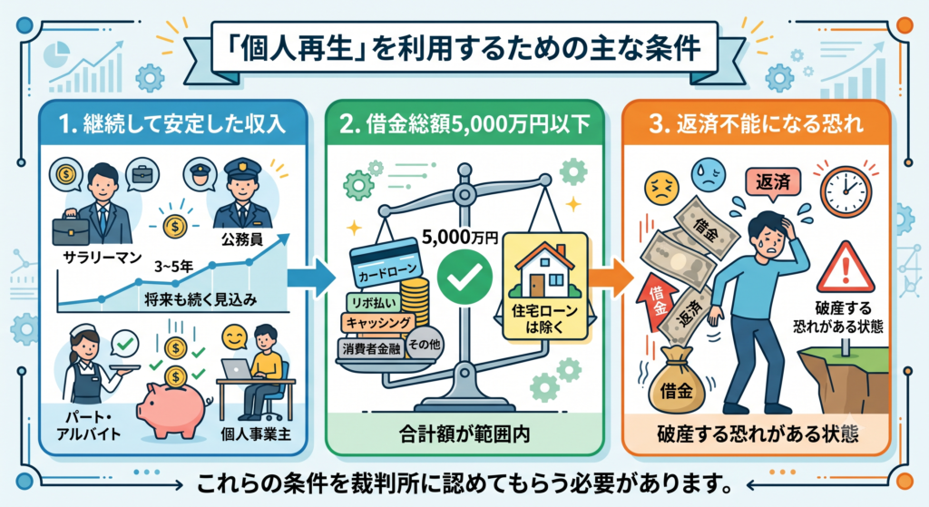 個人再生を利用するための主な3つの条件を示した図解