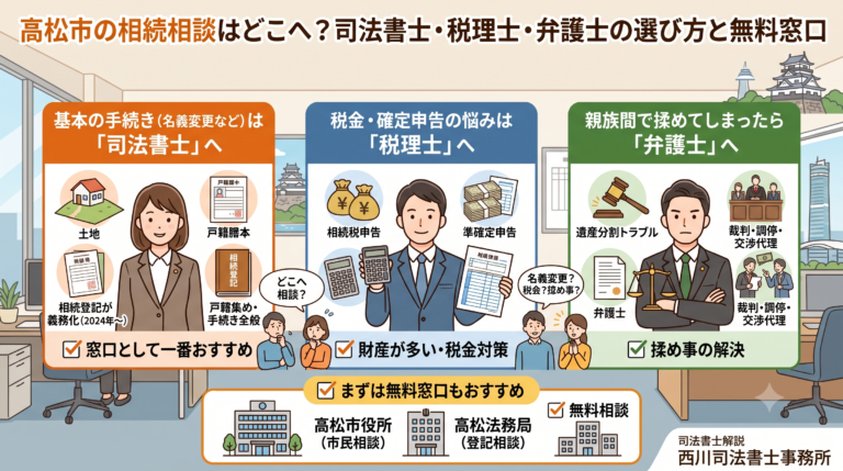 高松市の相続相談はどこへ？司法書士・税理士・弁護士の選び方と無料窓口
