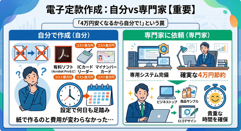 電子定款作成を自分で行う場合と専門家に依頼する場合を比較した図解