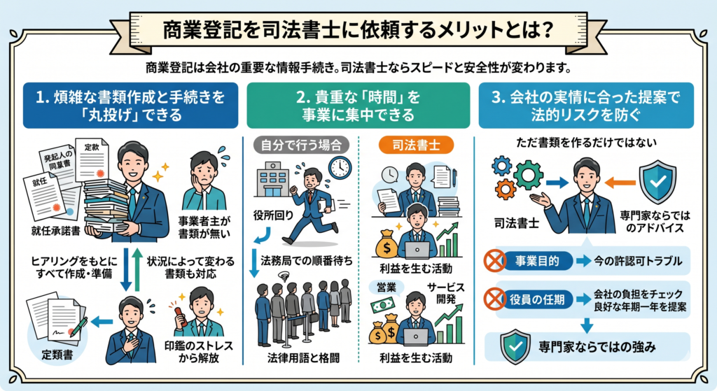 高松市で商業登記を司法書士に依頼するメリットのイメージ