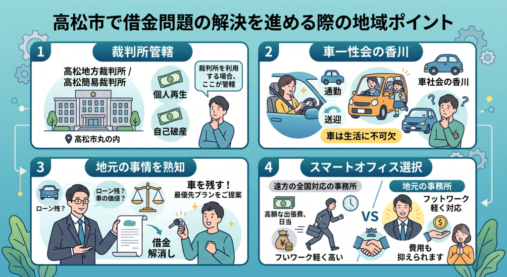 高松市で借金問題の解決を進める際の地域ポイントを4項目で示した図解