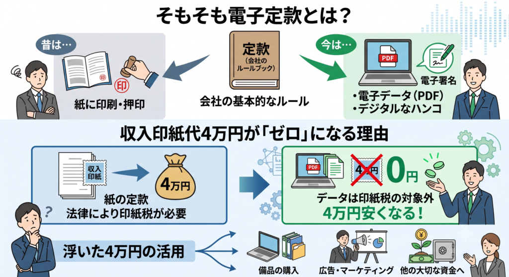 電子定款とは何かと収入印紙代4万円がゼロになる理由を説明した図解