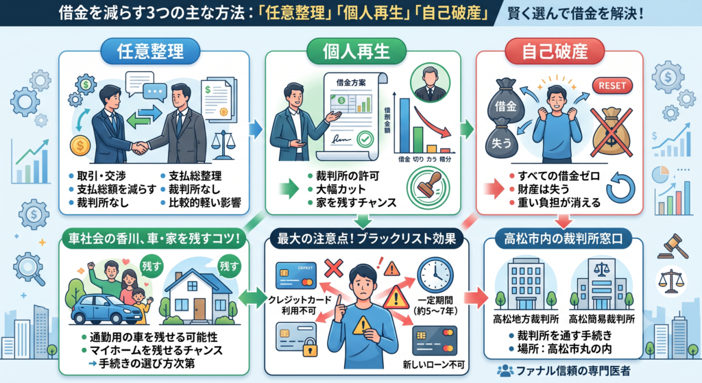 借金を減らす任意整理・個人再生・自己破産の3つの方法を比較した図解