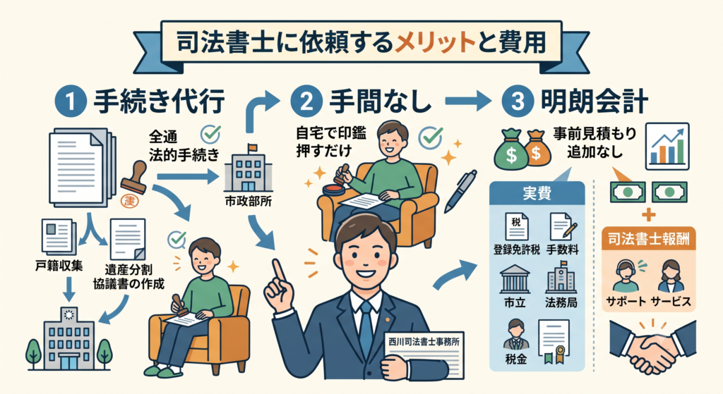 司法書士に相続手続きを依頼するメリットと費用を、手続き代行・手間なし・明朗会計の3点で示した図解