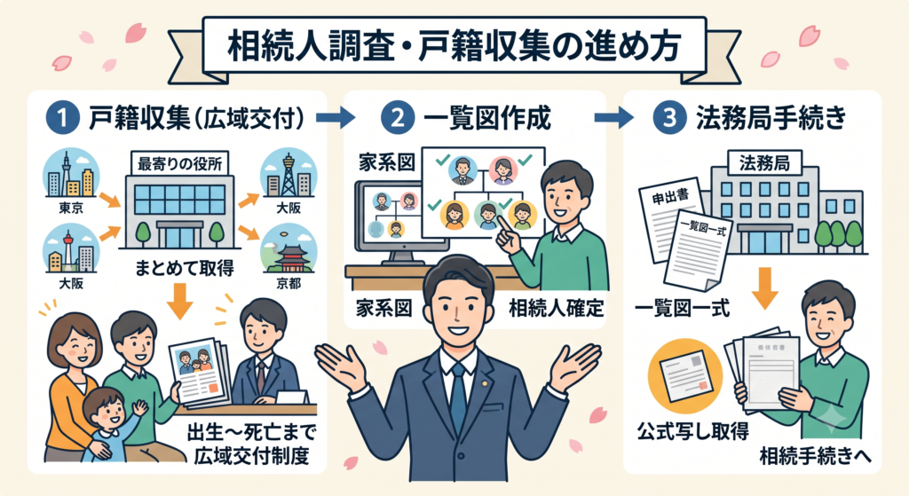 相続人調査と戸籍収集の進め方を、戸籍収集・一覧図作成・法務局手続きの3ステップで示した図解