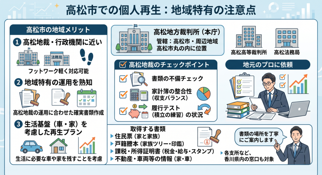 高松市で個人再生を行う際の地域特有の注意点をまとめた図解