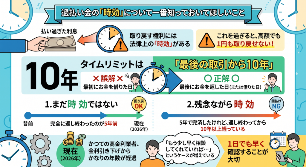 過払い金請求の時効は最後の取引から10年であることを説明した図解