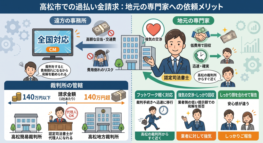 高松市での過払い金請求を地元の専門家へ依頼するメリットを示した図解